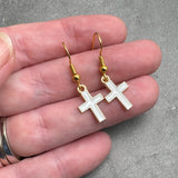 White Cross Charm Earrings, Enamel Faith Charm Beads