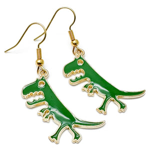 Angry Dinosaur Earrings, Green Enamel Charm Beads