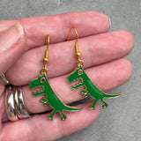 Angry Dinosaur Earrings, Green Enamel Charm Beads