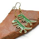 Angry Dinosaur Earrings, Green Enamel Charm Beads