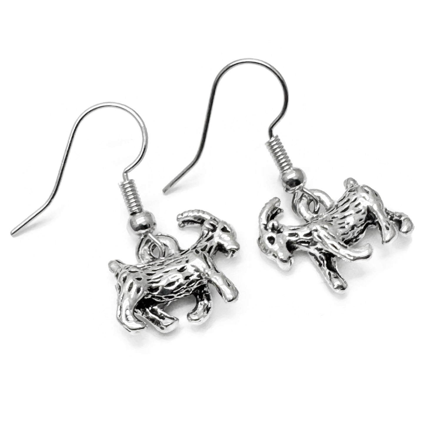 Goat Earrings, Tibetan Silver Tone 3D Farm Animal Charms