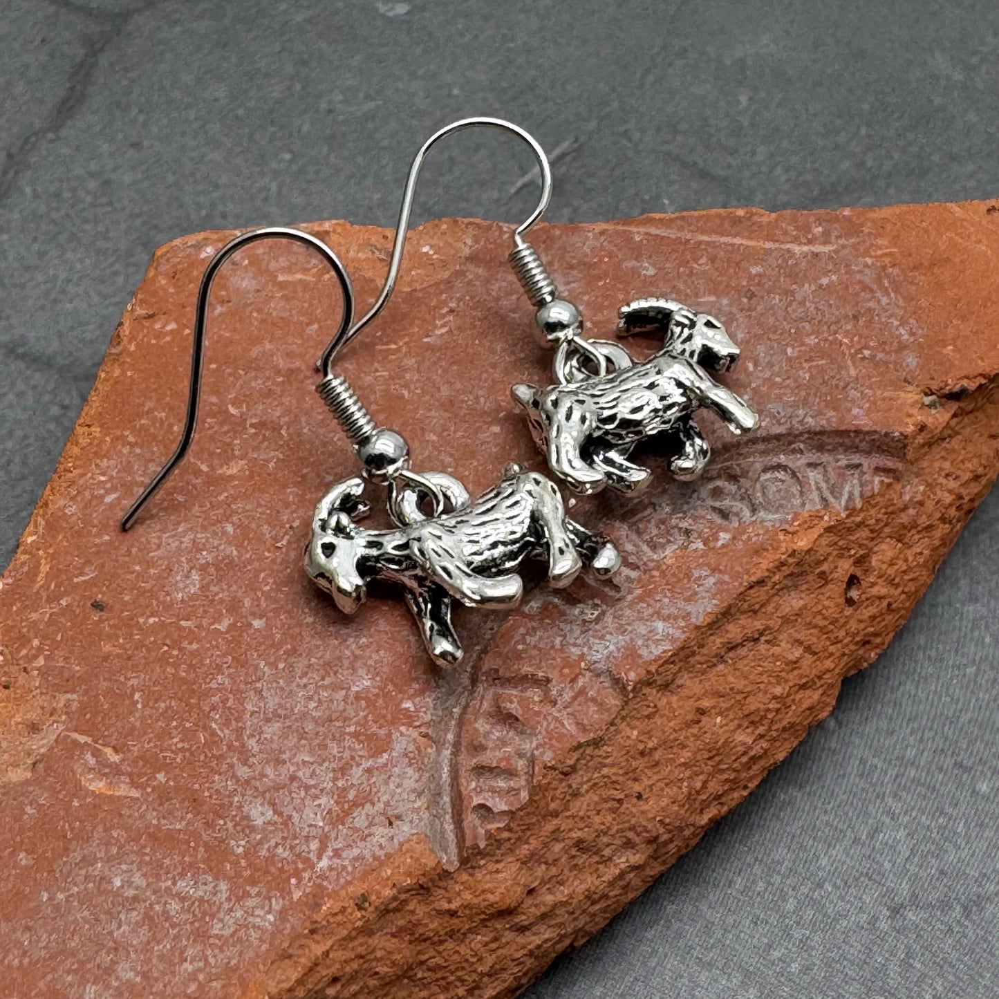 Goat Earrings, Tibetan Silver Tone 3D Farm Animal Charms