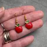 Apple Charm Earrings, Red and Green Enamel Fruit Charm Beads