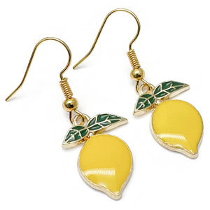 Lemon Earrings, Yellow and Green Enamel Fruit Charm Beads