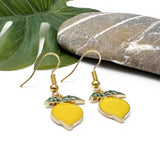 Lemon Earrings, Yellow and Green Enamel Fruit Charm Beads