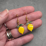 Lemon Earrings, Yellow and Green Enamel Fruit Charm Beads