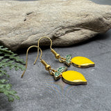 Lemon Earrings, Yellow and Green Enamel Fruit Charm Beads