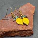 Lemon Earrings, Yellow and Green Enamel Fruit Charm Beads