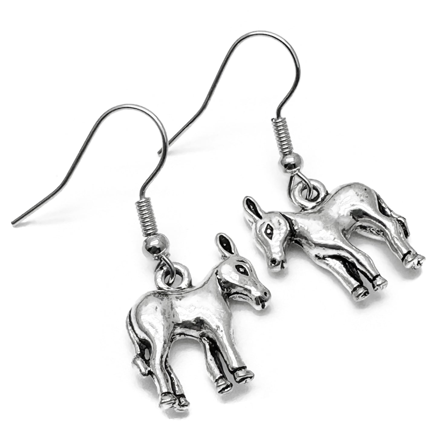 Donkey Earrings, Wild Animal Charms on Silver Tone Hooks : 33mm