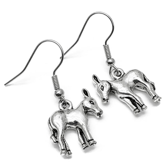 Donkey Earrings, Wild Animal Charms on Silver Tone Hooks : 33mm