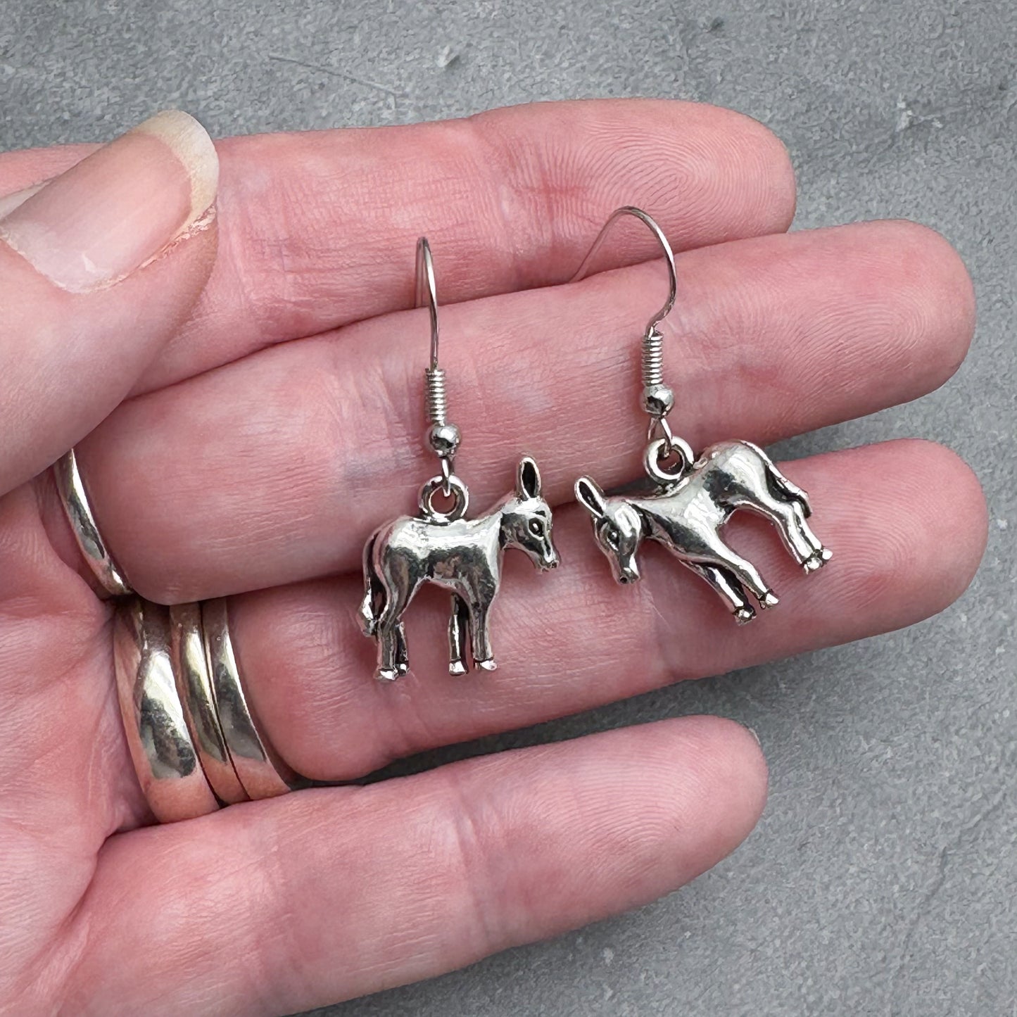 Donkey Earrings, Wild Animal Charms on Silver Tone Hooks : 33mm