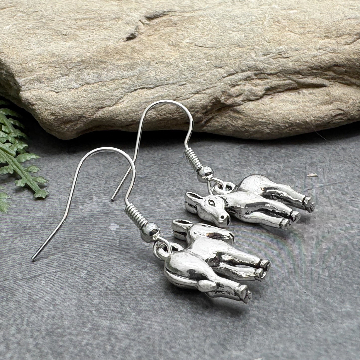 Donkey Earrings, Wild Animal Charms on Silver Tone Hooks : 33mm