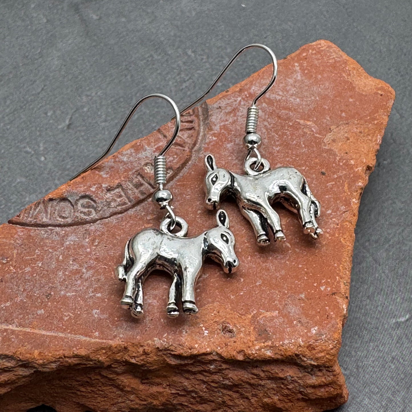 Donkey Earrings, Wild Animal Charms on Silver Tone Hooks : 33mm