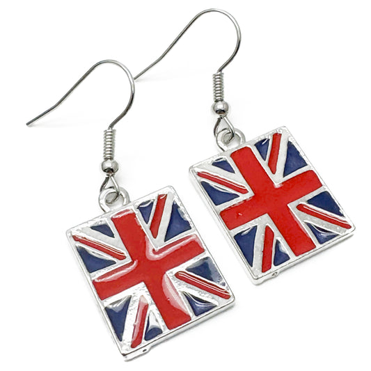 Union Jack Flag Earrings, Enamel : 39mm long, Gift for UK Brit Great Britain Lover