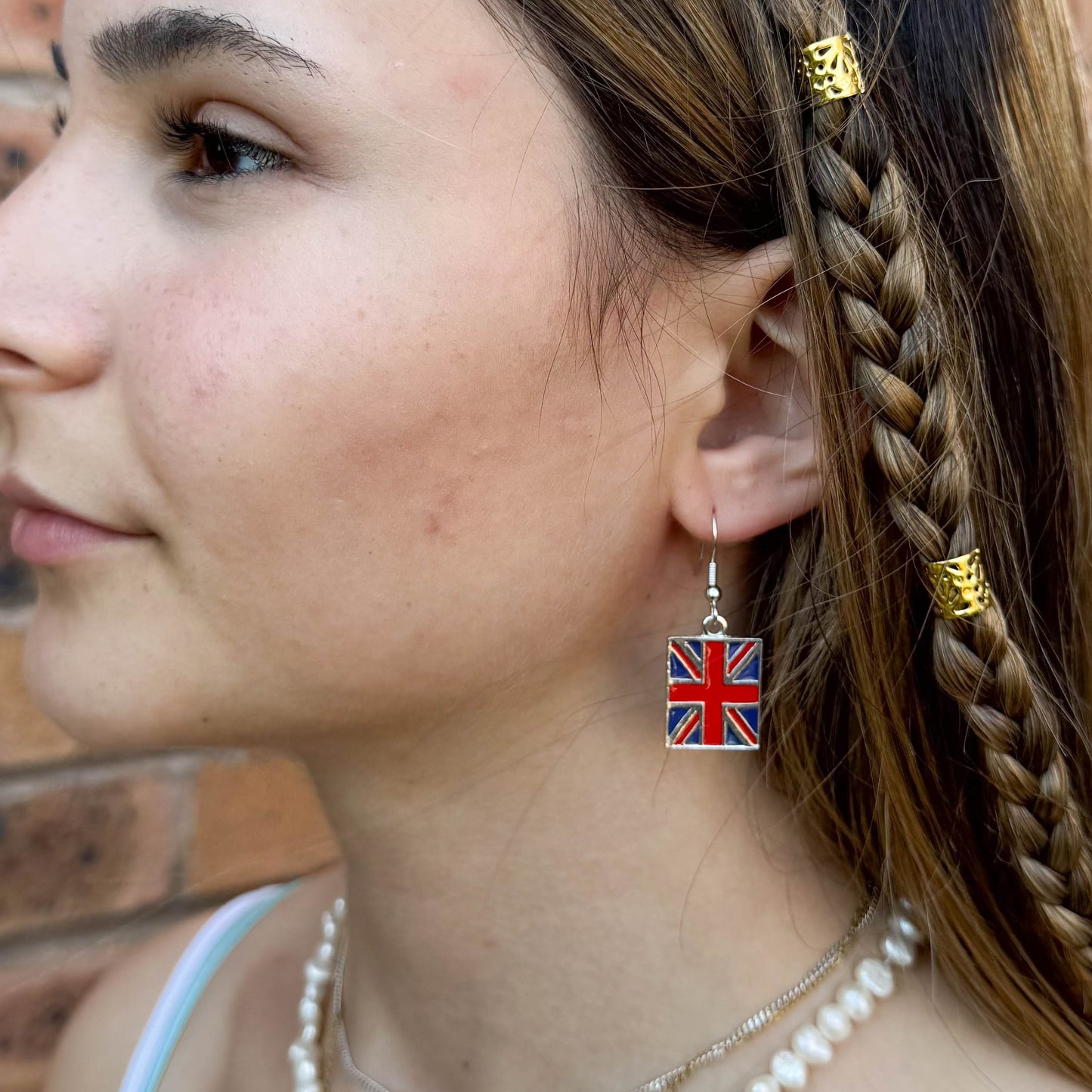 Union Jack Flag Earrings, Enamel : 39mm long, Gift for UK Brit Great Britain Lover