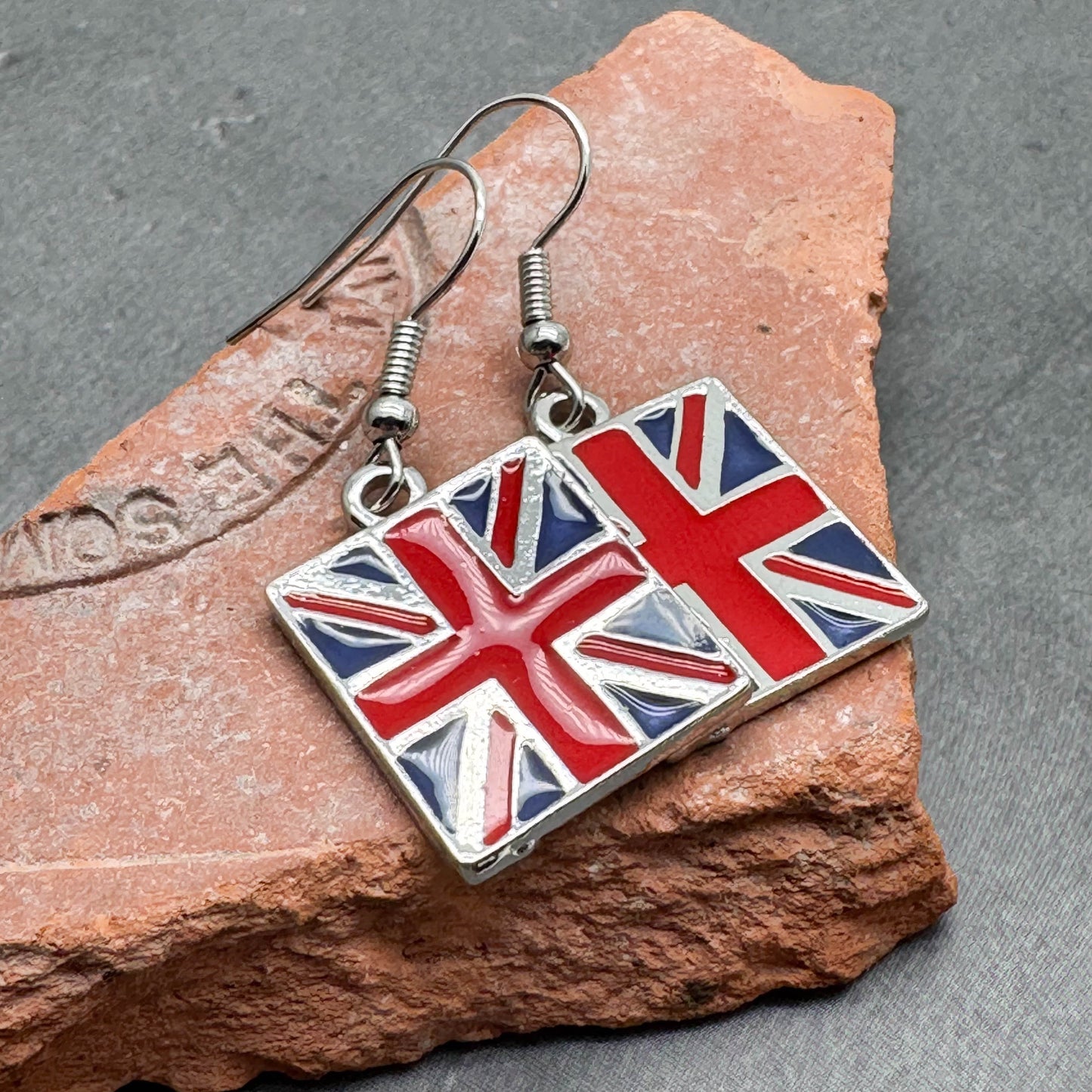 Union Jack Flag Earrings, Enamel : 39mm long, Gift for UK Brit Great Britain Lover