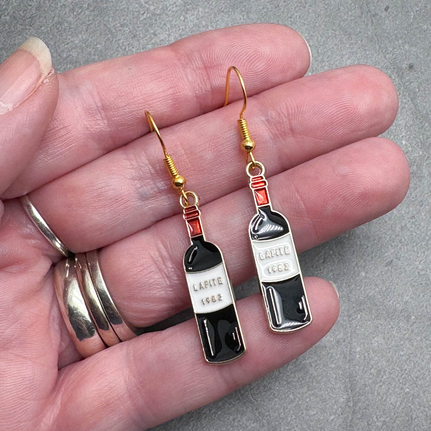 Wine Bottle Earrings, Red and White Enamel Charm Beads