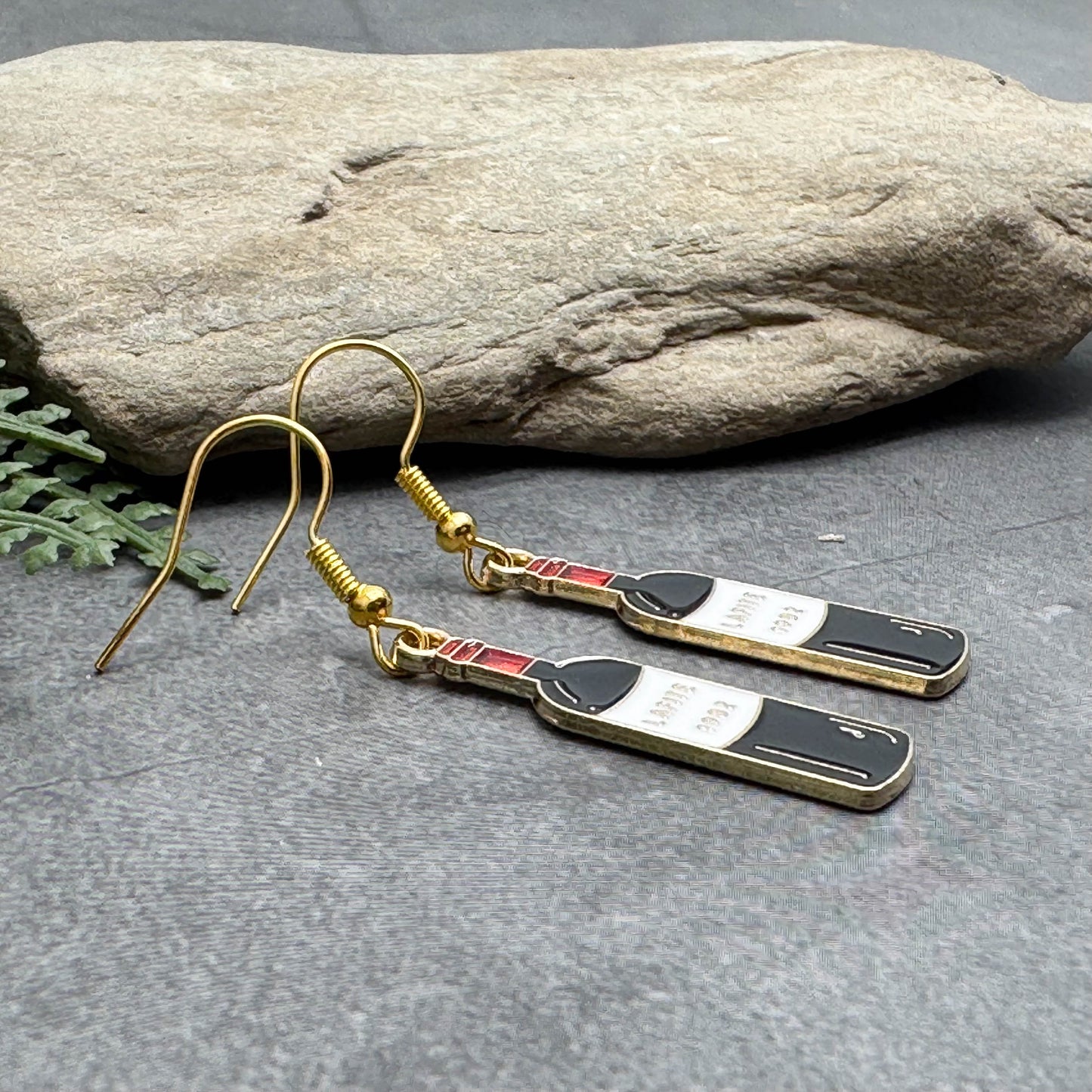 Wine Bottle Earrings, Red and White Enamel Charm Beads