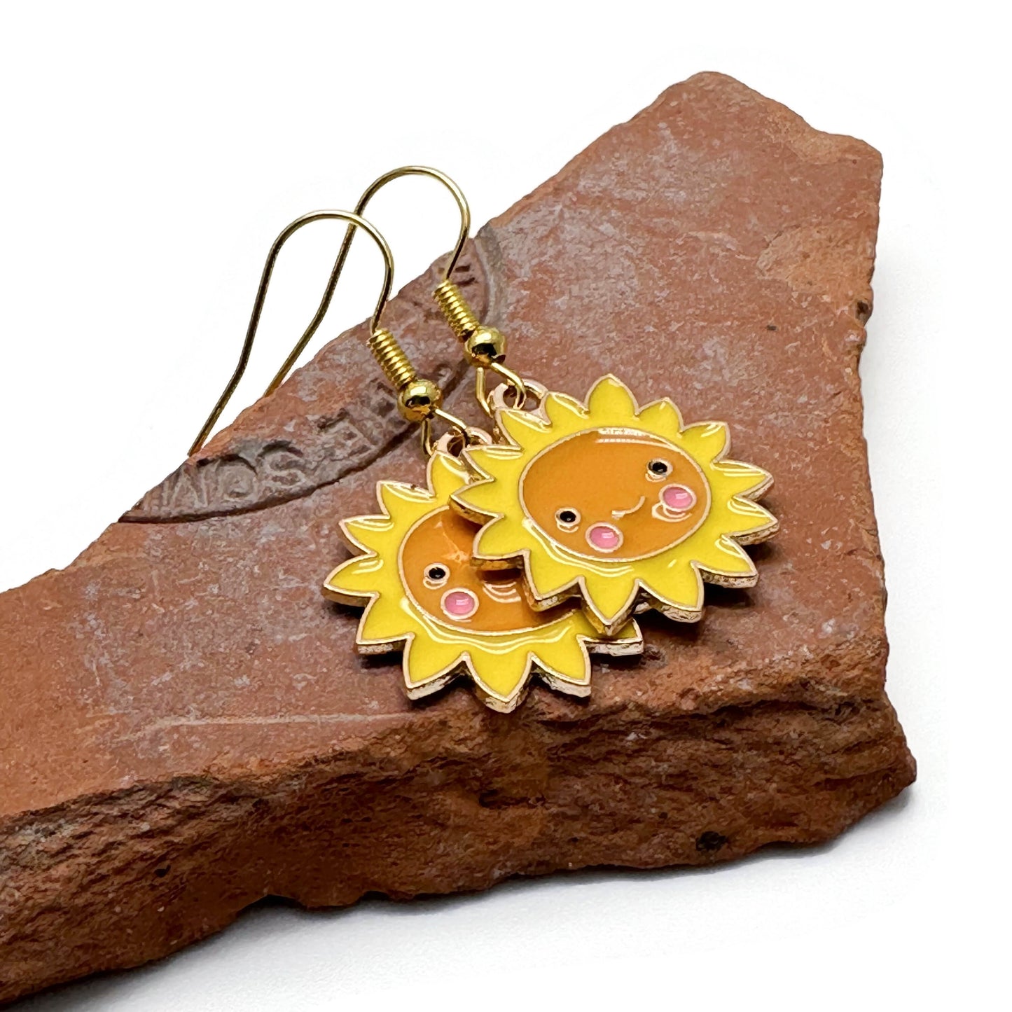 Yellow Sun Earrings, Bright Enamel Sunny Charm Beads