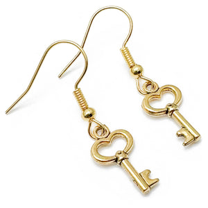 Gold Key Earrings, Cute 3D Gold Plated Skeleton Key Charms