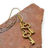 Gold Key Earrings, Cute 3D Gold Plated Skeleton Key Charms