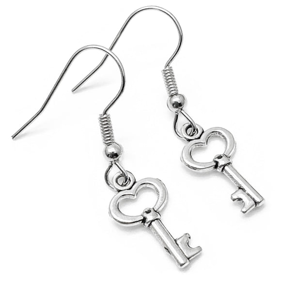 Silver Key Earrings, Cute 3D Silver Plated Skeleton Key Charms