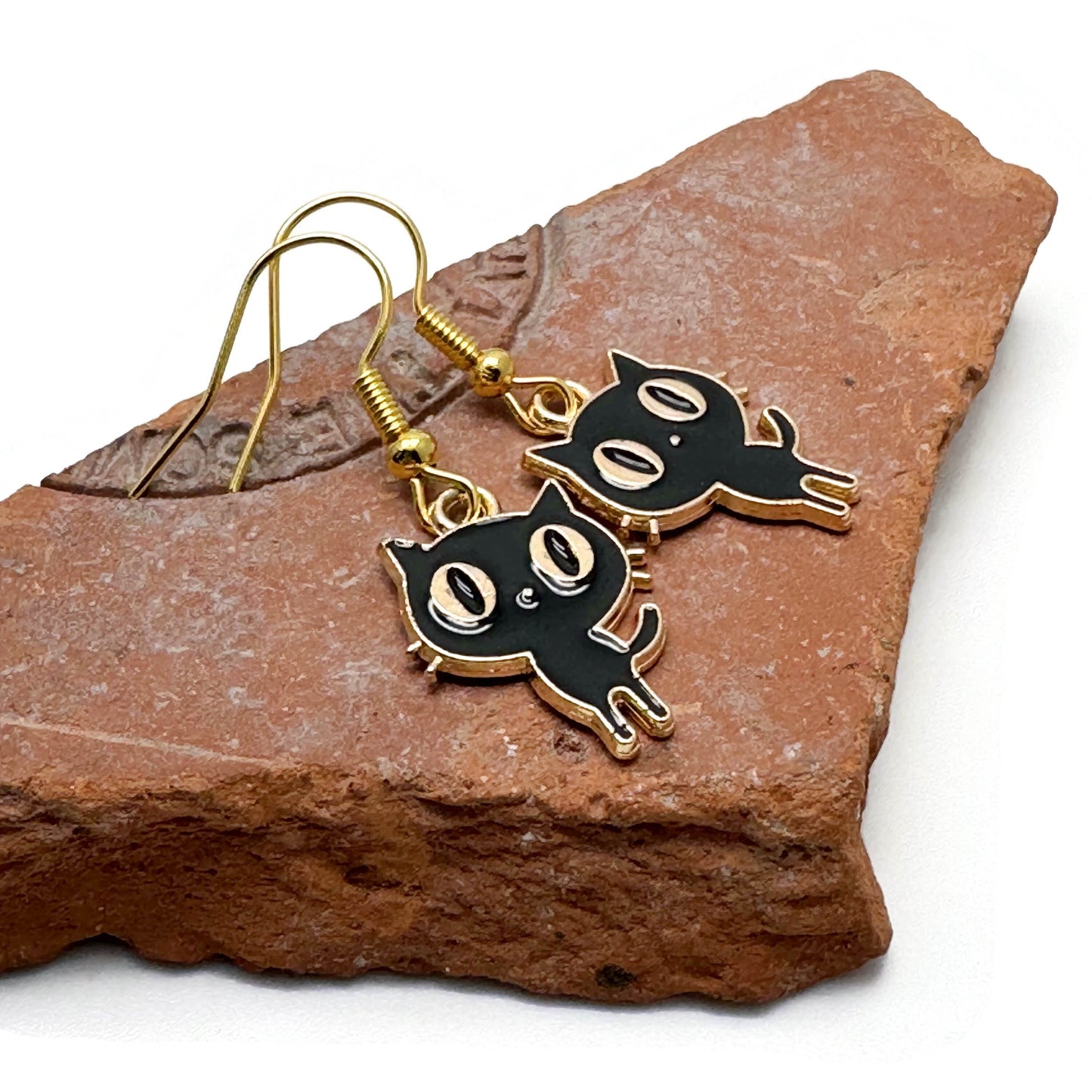 Black Cat Charm Earrings, Enamel Kitties with Big Eyes