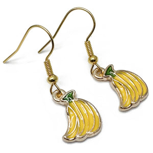 Banana Charm Earrings, Yellow and Green Enamel Charm Beads