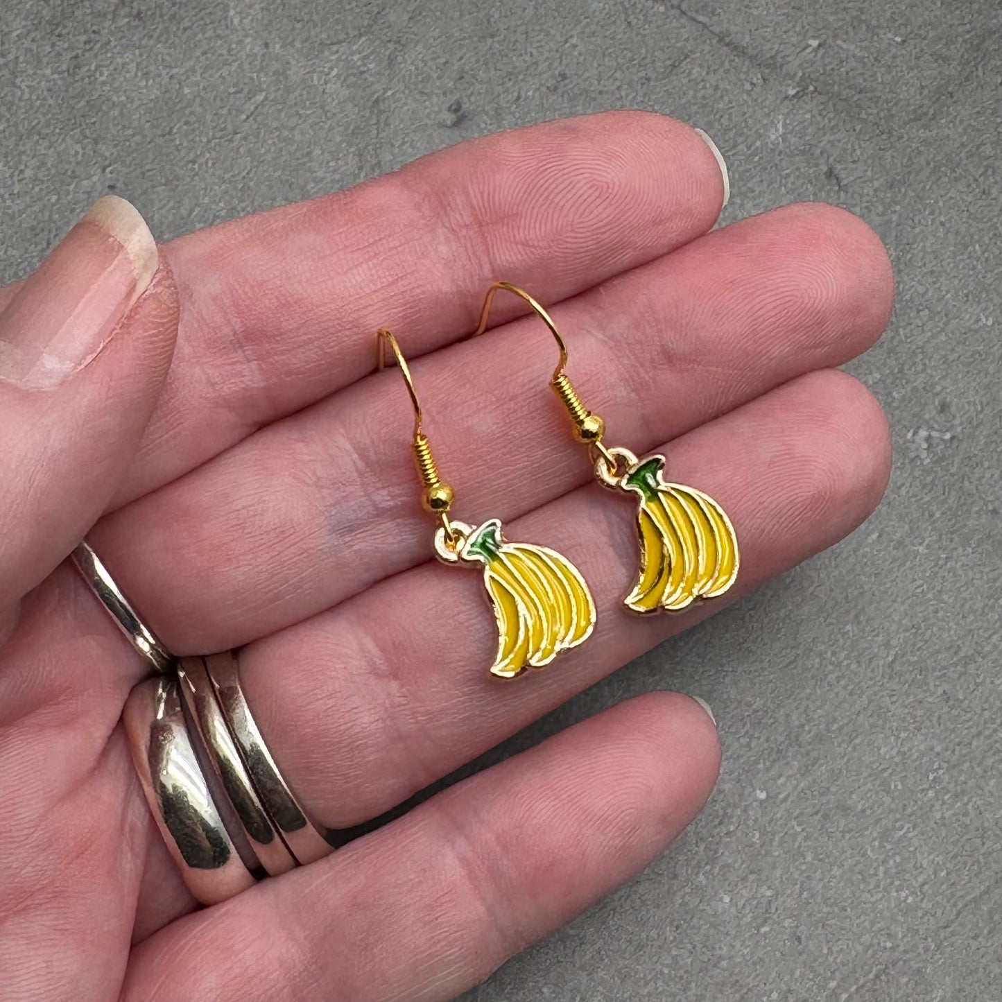 Banana Charm Earrings, Yellow and Green Enamel Charm Beads