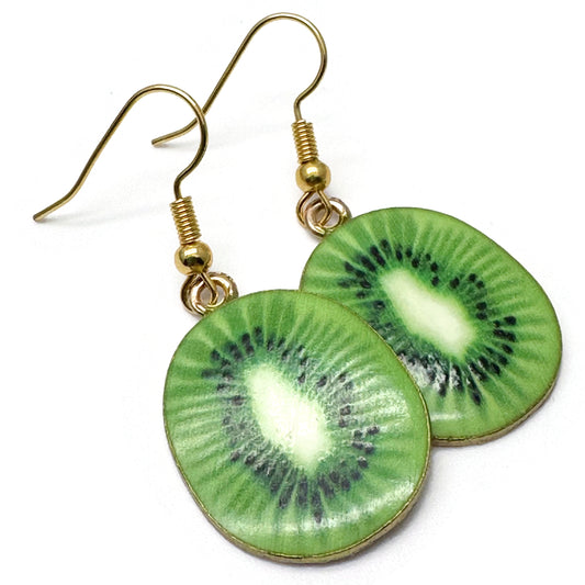 Kiwi Charm Earrings, Green Fruit Slice Enamel Charm Beads