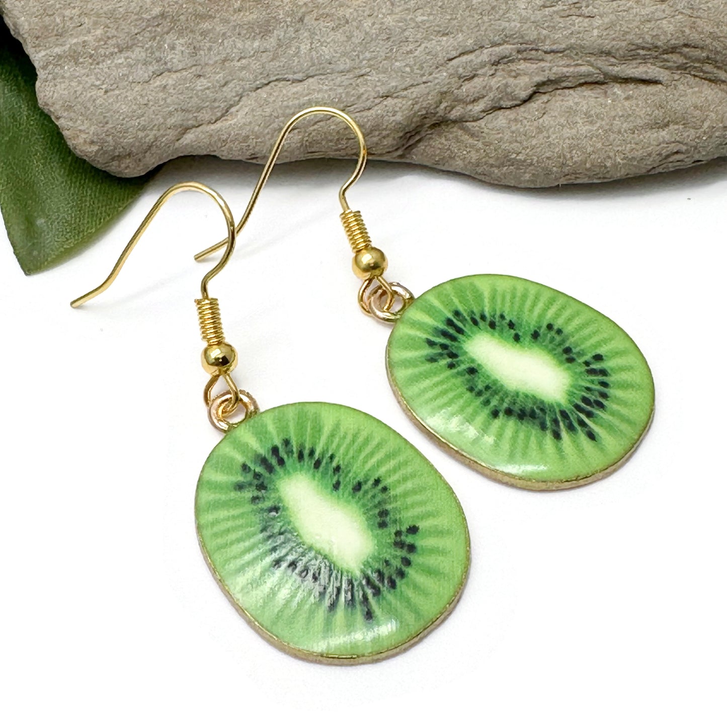 Kiwi Charm Earrings, Green Fruit Slice Enamel Charm Beads