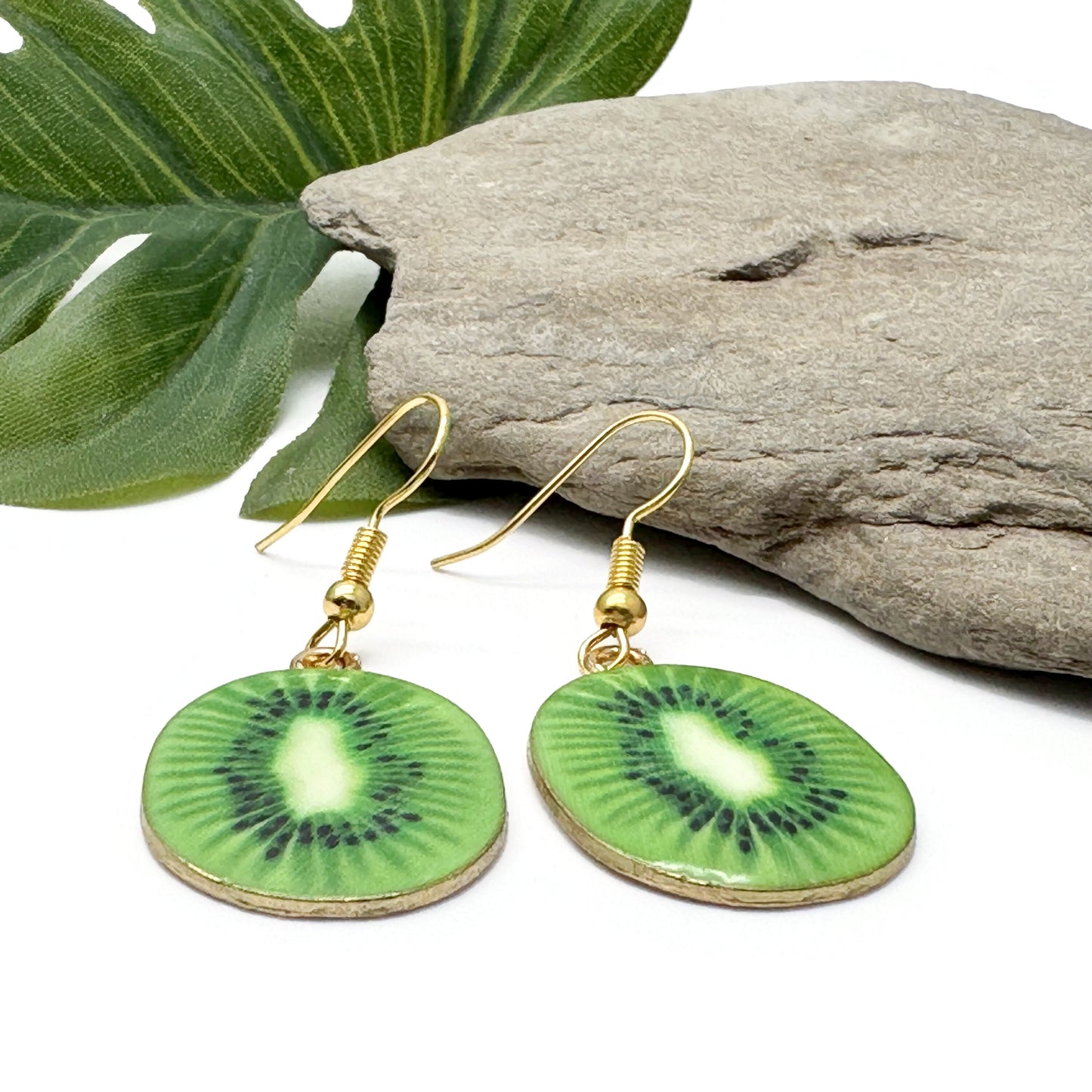 Kiwi Charm Earrings, Green Fruit Slice Enamel Charm Beads
