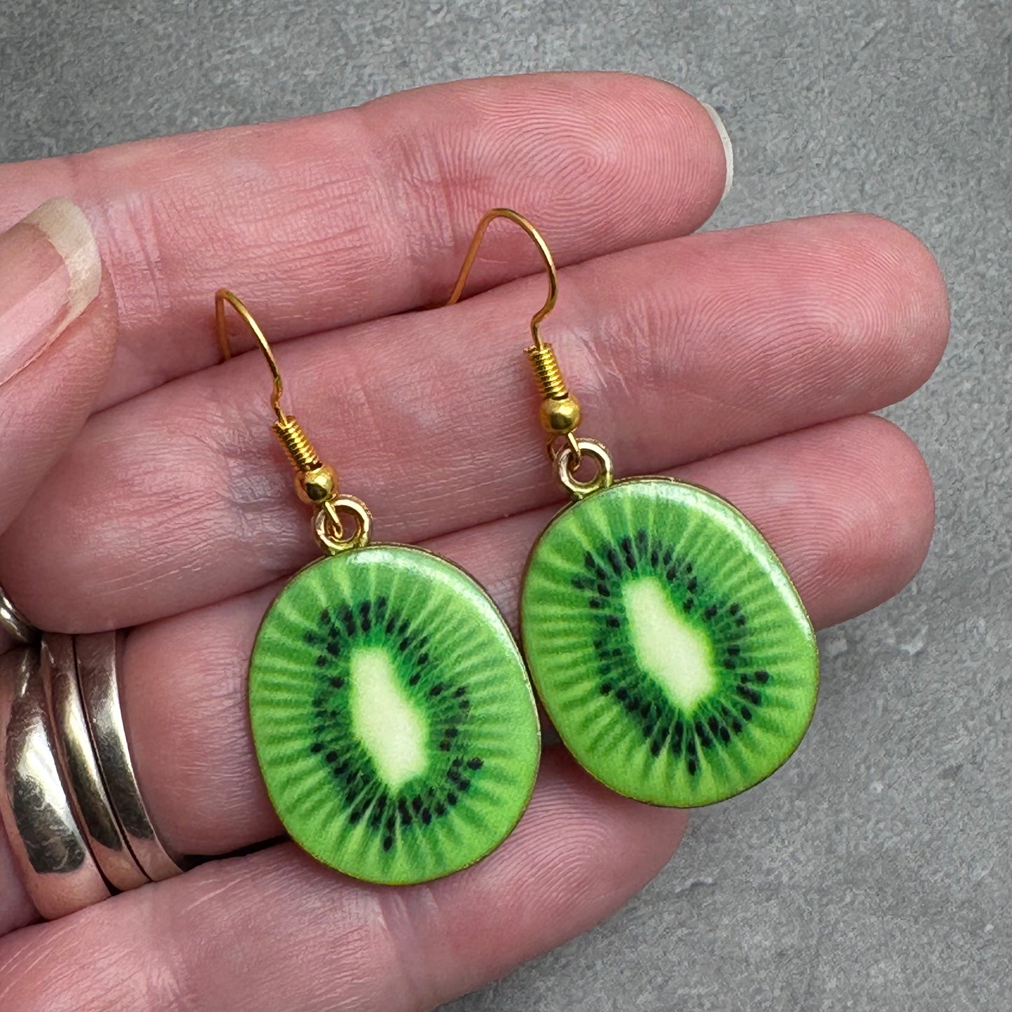 Kiwi Charm Earrings, Green Fruit Slice Enamel Charm Beads