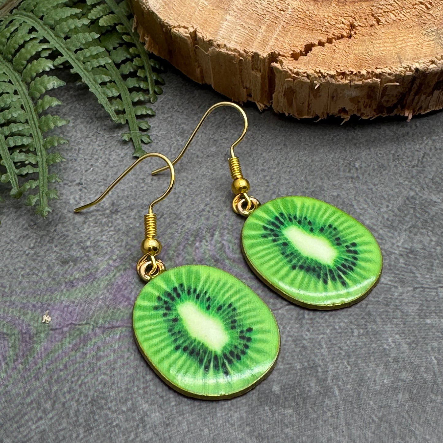 Kiwi Charm Earrings, Green Fruit Slice Enamel Charm Beads