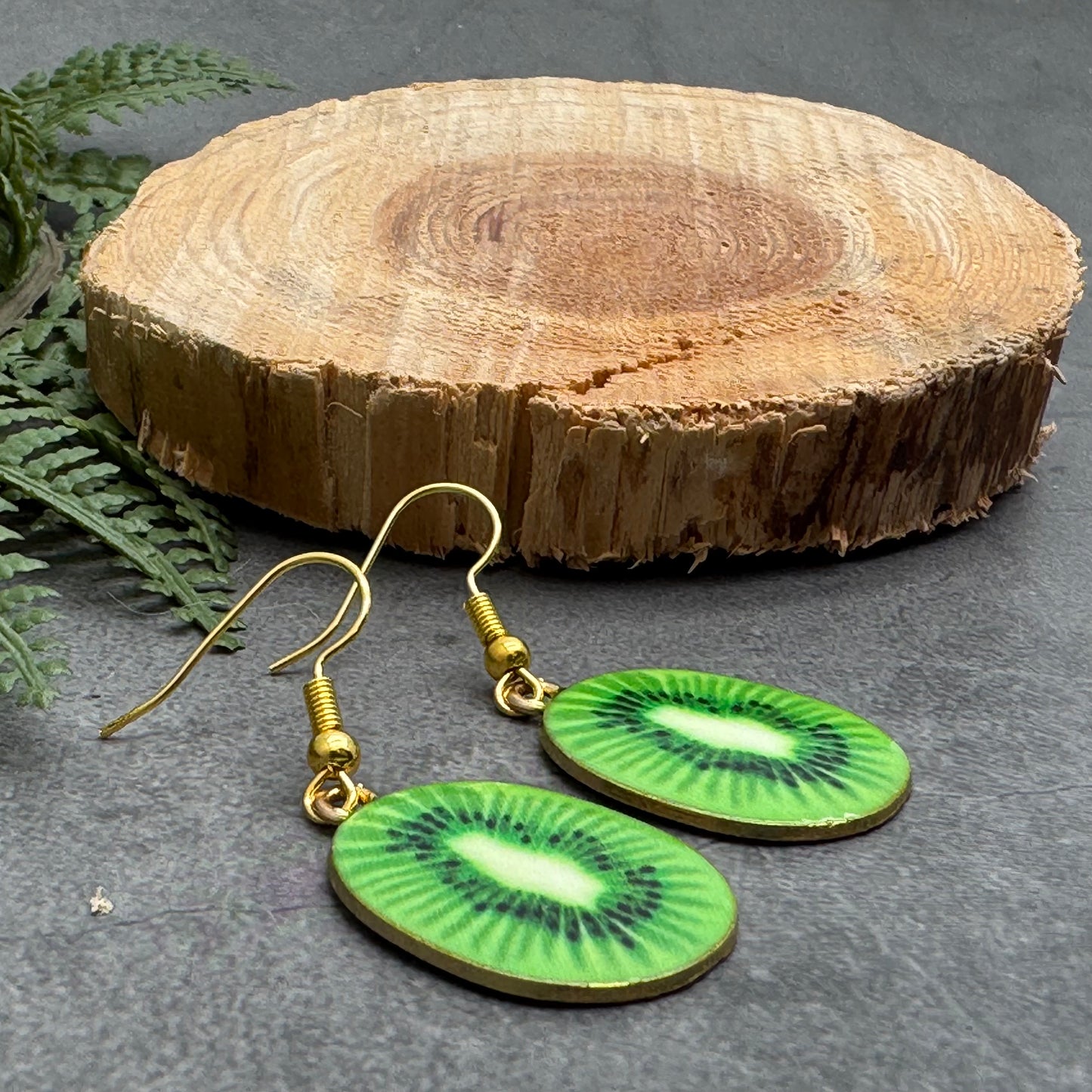 Kiwi Charm Earrings, Green Fruit Slice Enamel Charm Beads