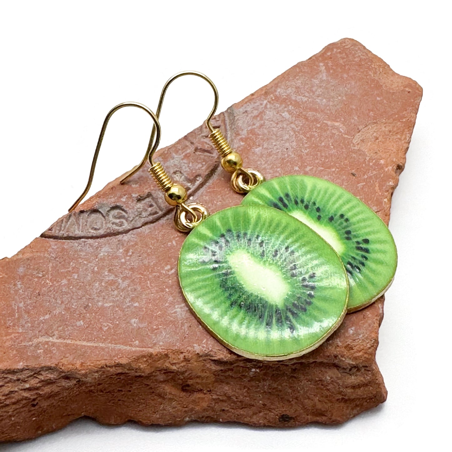 Kiwi Charm Earrings, Green Fruit Slice Enamel Charm Beads