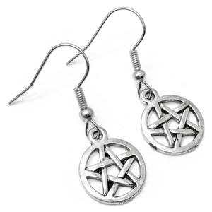 Small Pentagram Earrings, Silver Plated Spiritual Symbol Circle Charms