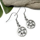 Small Pentagram Earrings, Silver Plated Spiritual Symbol Circle Charms