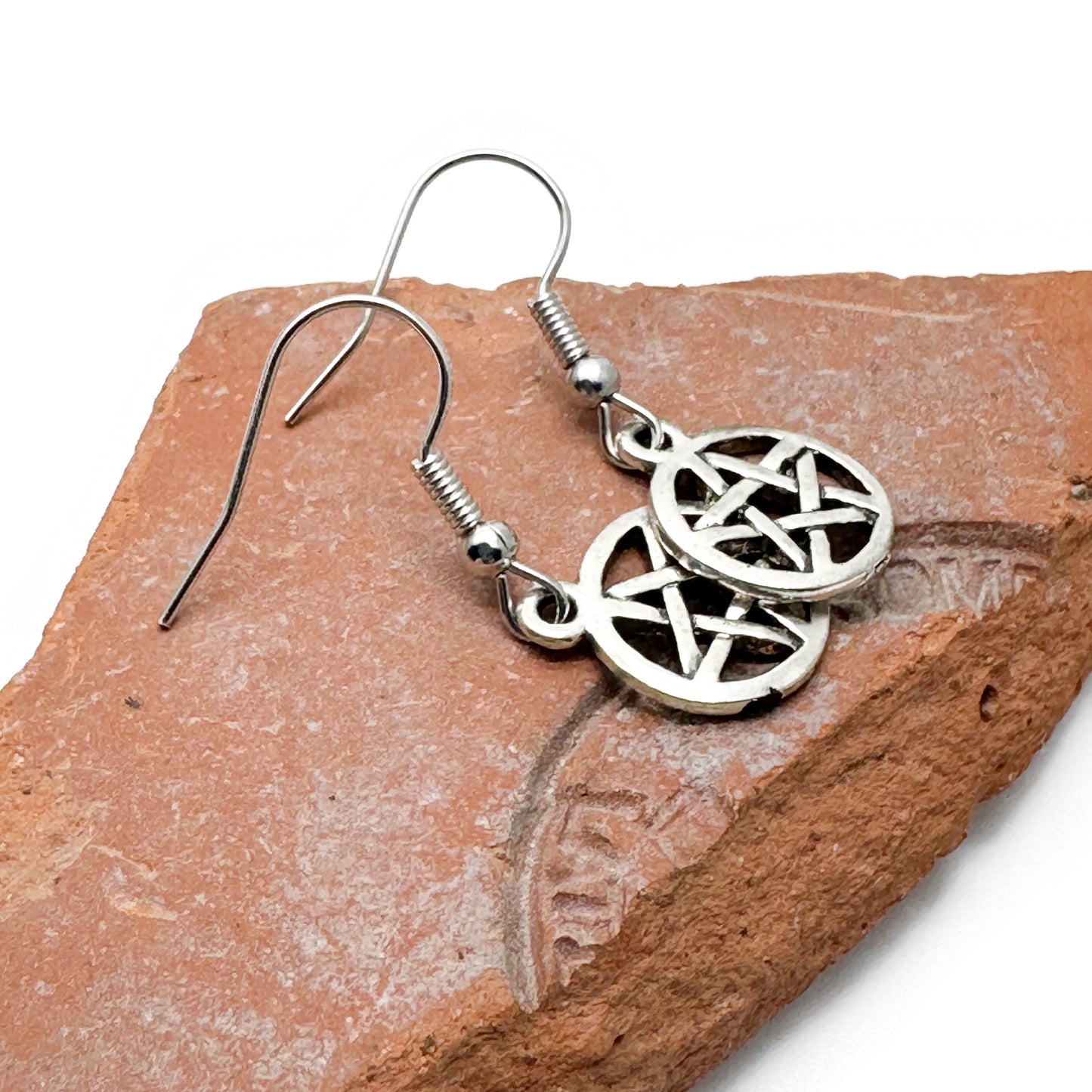 Small Pentagram Earrings, Silver Plated Spiritual Symbol Circle Charms