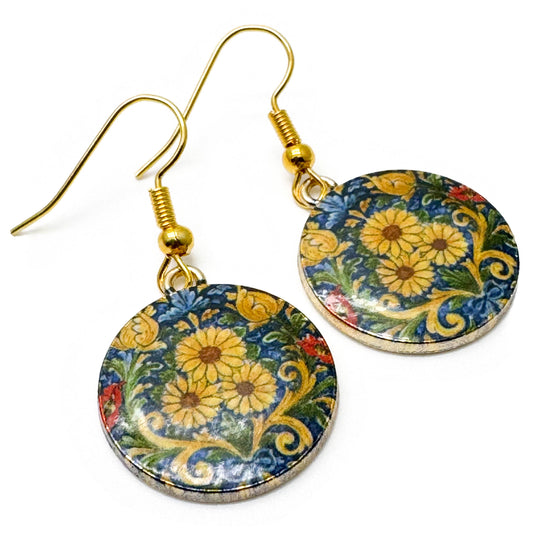 Sunflower Charm Earrings, Round Enamel Beads on Gold Tone Hooks : 40mm