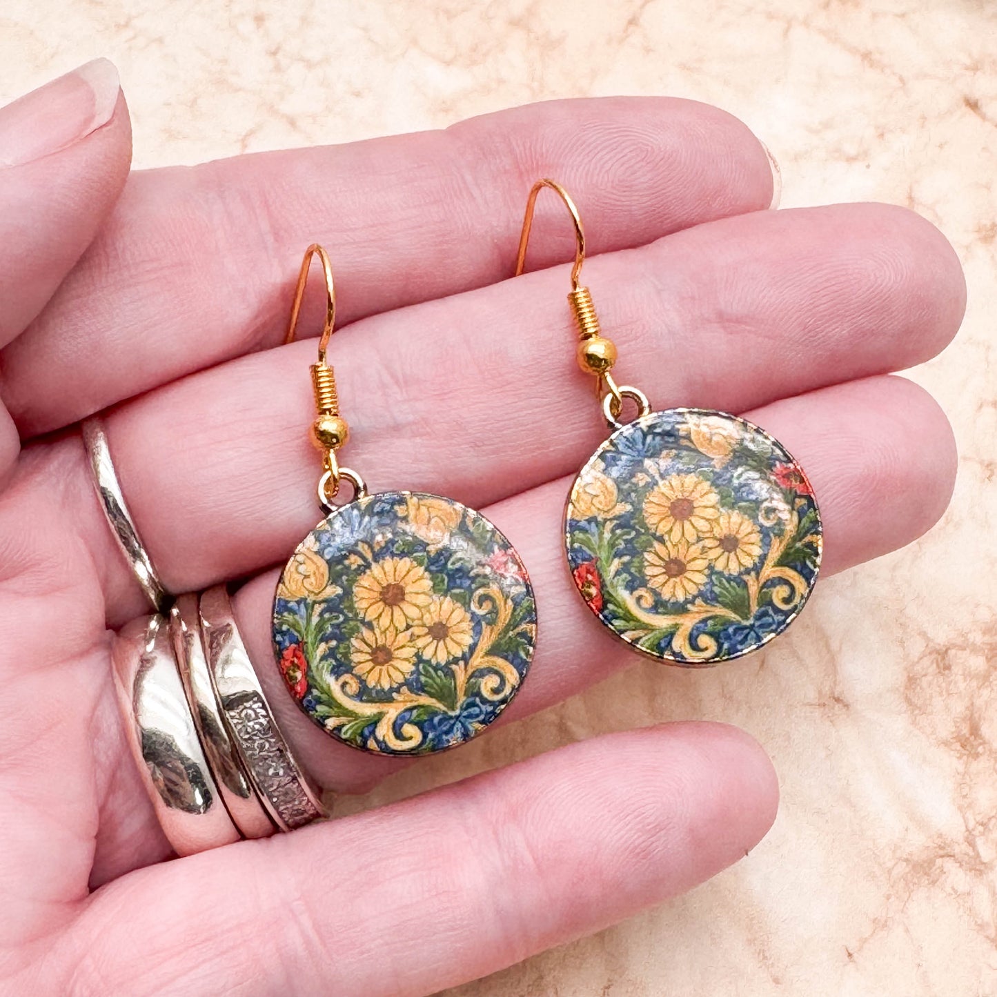 Sunflower Charm Earrings, Round Enamel Beads on Gold Tone Hooks : 40mm