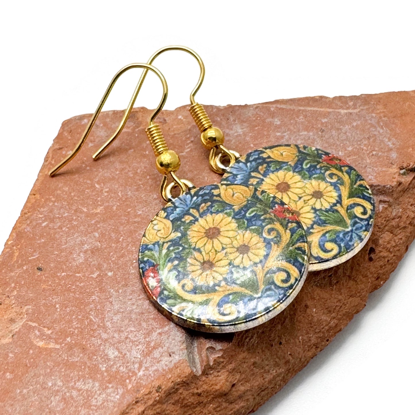 Sunflower Charm Earrings, Round Enamel Beads on Gold Tone Hooks : 40mm