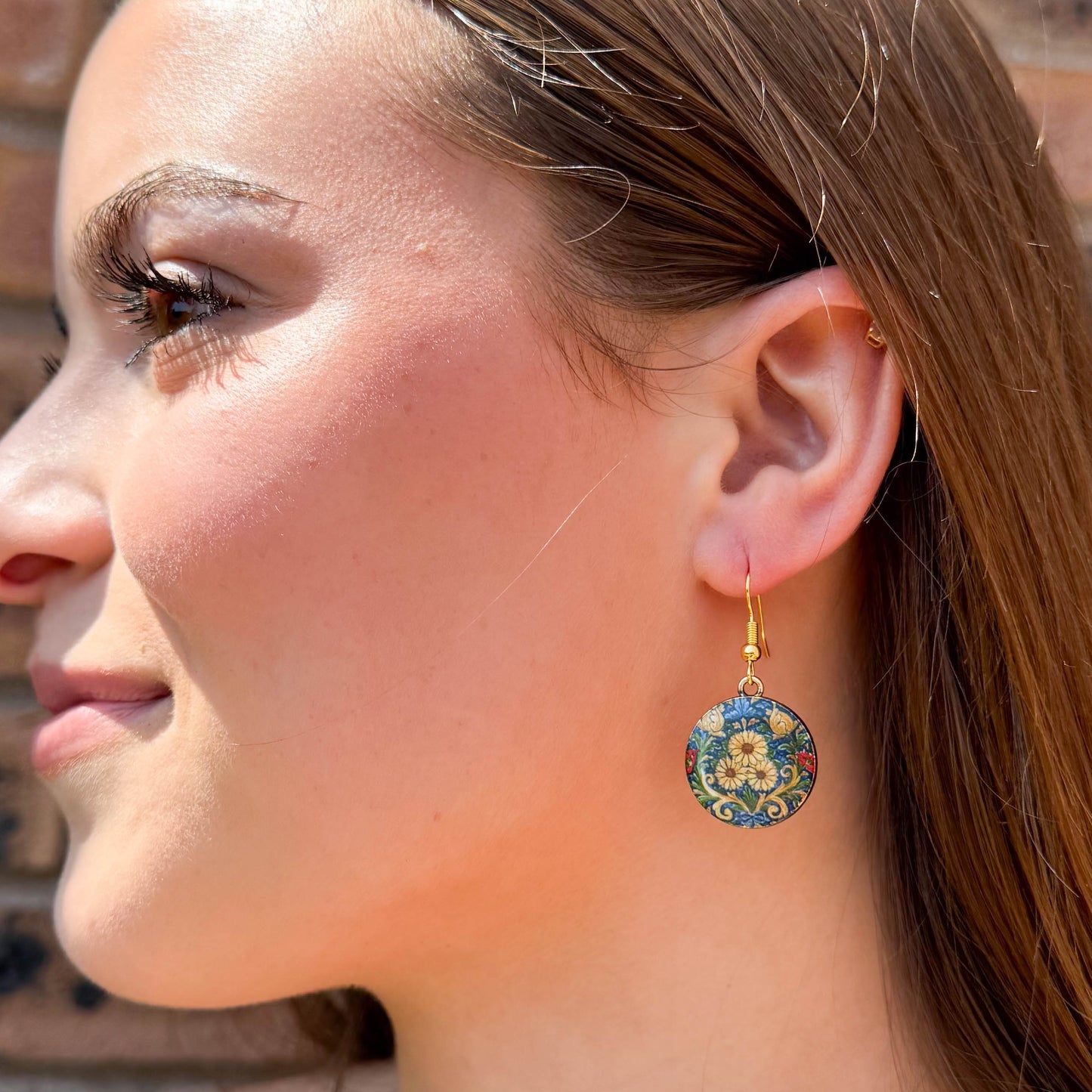 Sunflower Charm Earrings, Round Enamel Beads on Gold Tone Hooks : 40mm