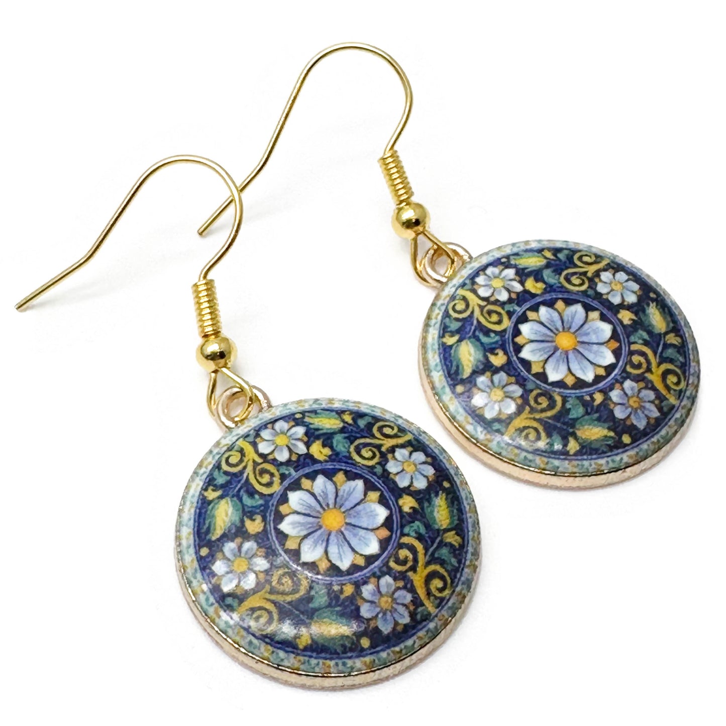 Flower Charm Earrings, Round Enamel Beads on Gold Tone Hooks : 40mm