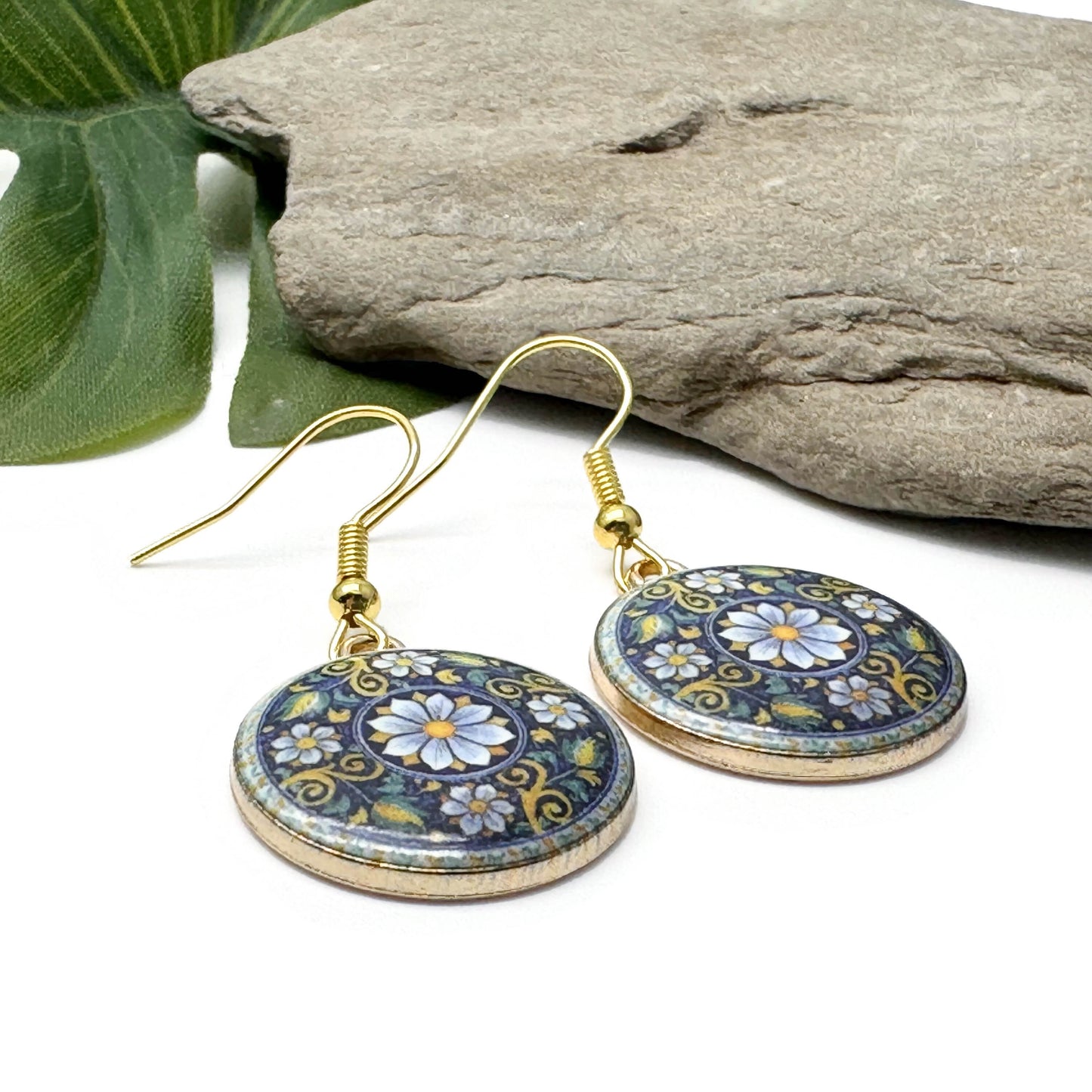 Flower Charm Earrings, Round Enamel Beads on Gold Tone Hooks : 40mm