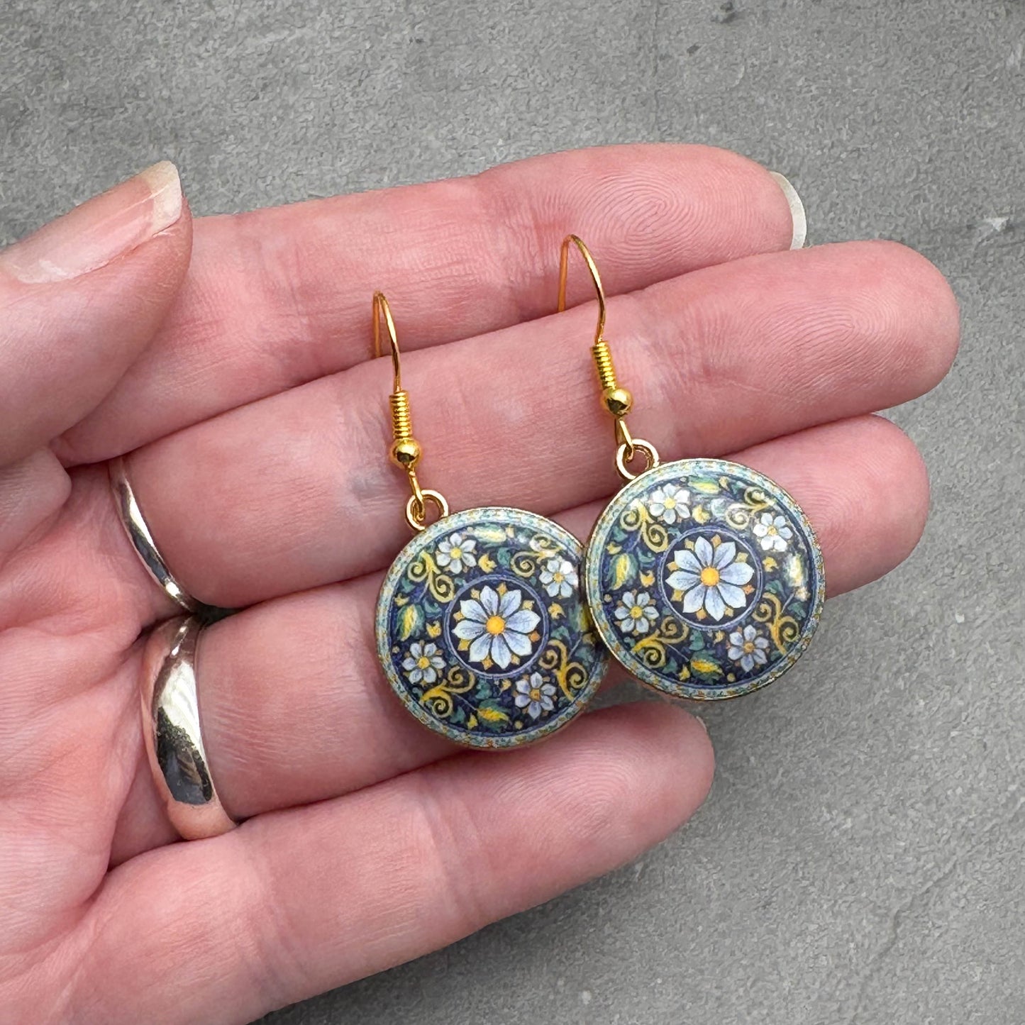 Flower Charm Earrings, Round Enamel Beads on Gold Tone Hooks : 40mm
