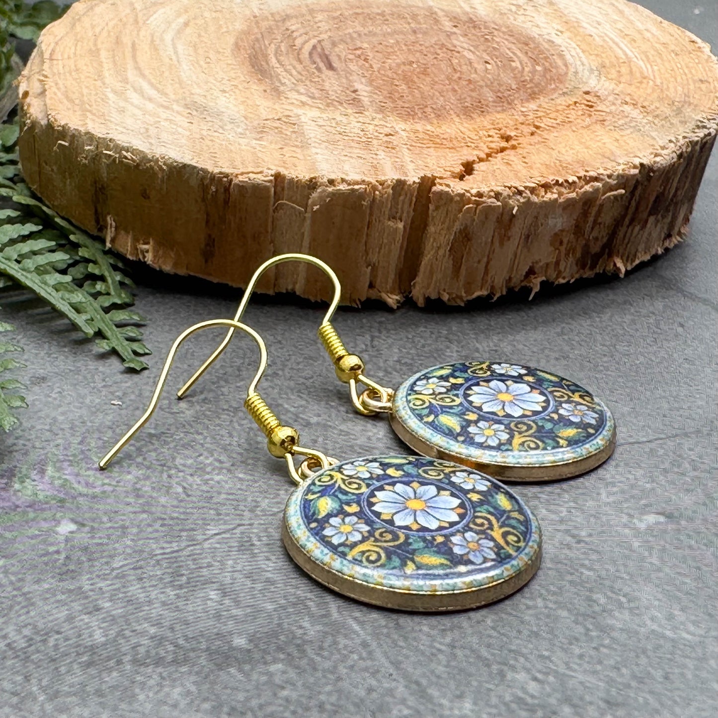 Flower Charm Earrings, Round Enamel Beads on Gold Tone Hooks : 40mm