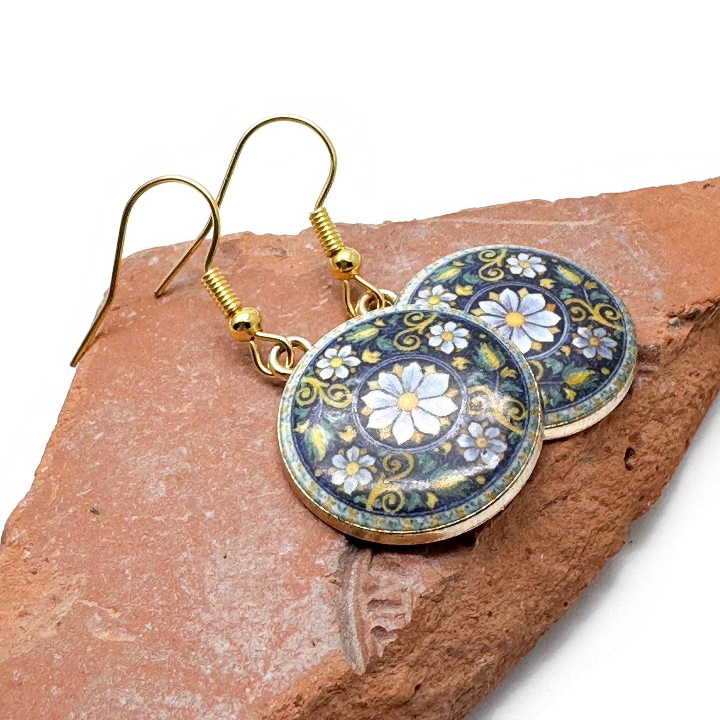 Flower Charm Earrings, Round Enamel Beads on Gold Tone Hooks : 40mm