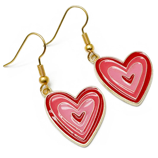 Love Heart Earrings, Pink and Red Enamel Charm Beads