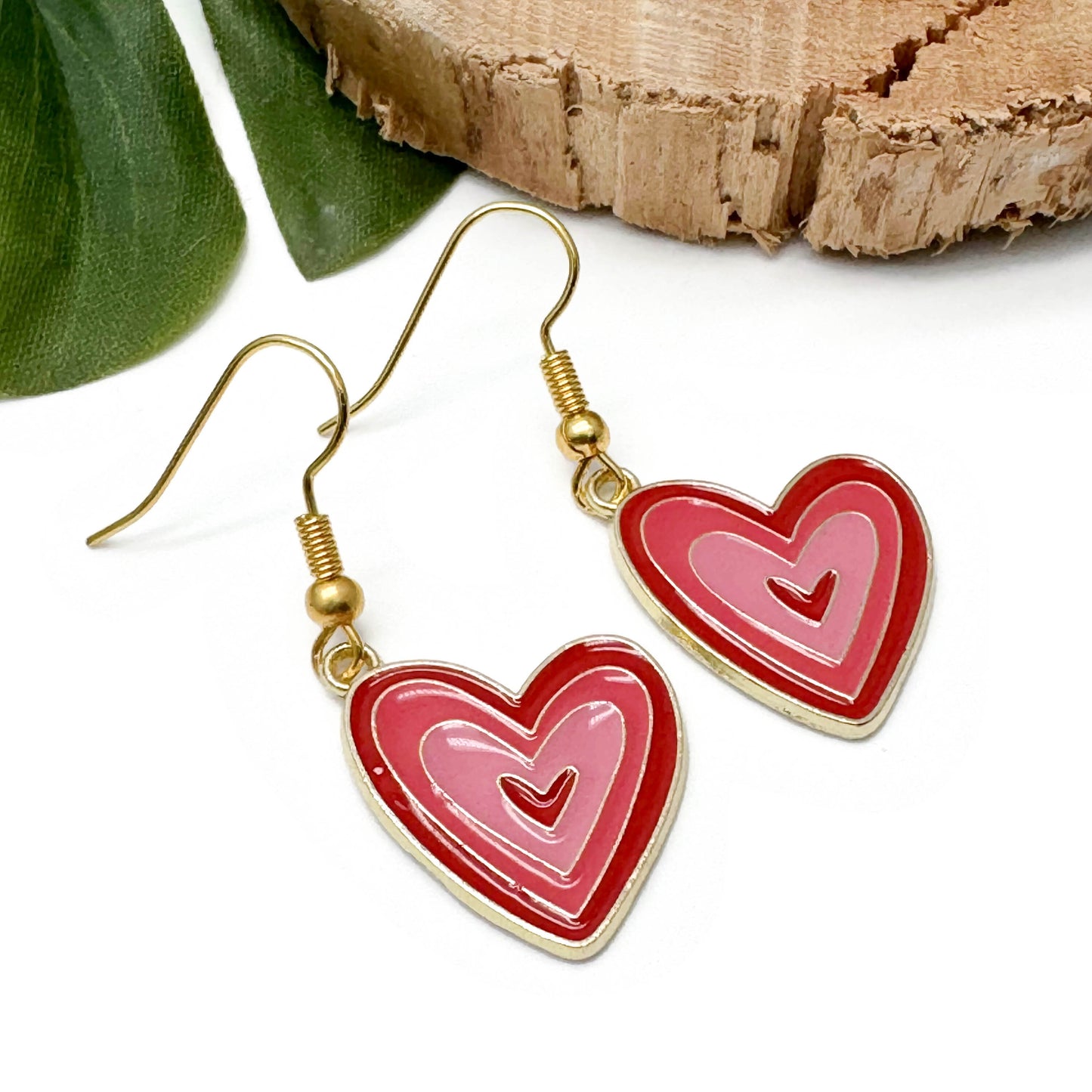 Love Heart Earrings, Pink and Red Enamel Charm Beads